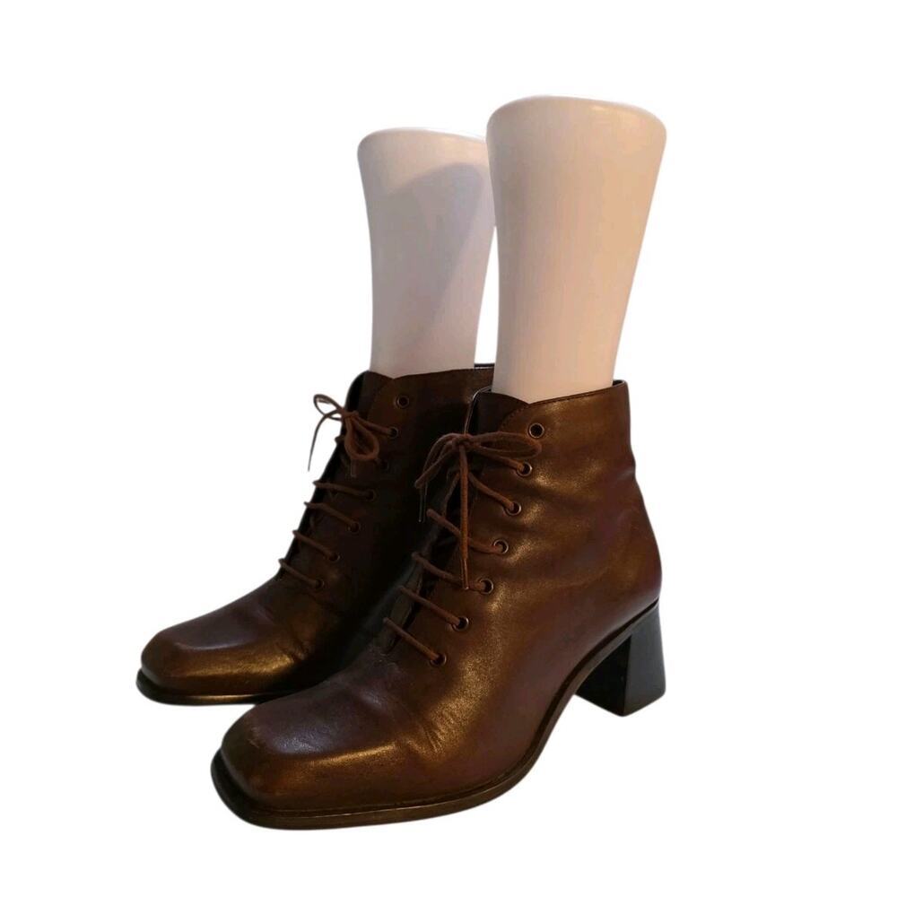 Bruno Valenti Sz 7 Laced Up Leather Blocked Heel Brown Booties Boot Shoes Brazil